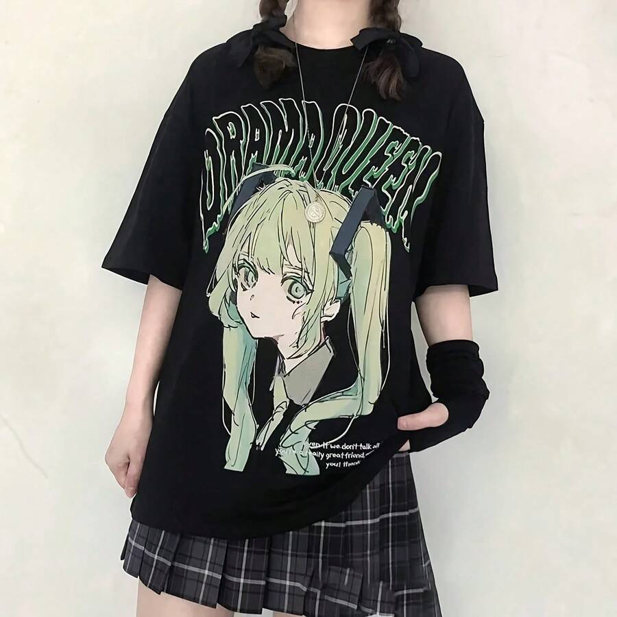 Ladies Summer Cotton T-Shirt MIKU Kawa Beautiful Cute Graphic T-Shirt Short Sve Anese Haruku Girl95 - 黑色6 - 查看 1