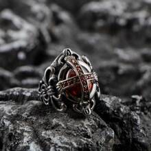 1pc Gothic Style Cross Ring, Fierce Ruby & Diamond Ring, Titanium Steel Crown Ring