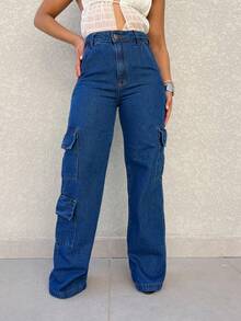 Kissmelady 555 Calça jeans feminina  cargo pantalona wide leg calca Calça jeans lisa cintura alta elegantes - Lavagem escura - Visão 1