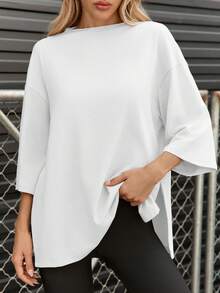Fisoew Women's Oversized T Shirts Casual 3/4 Sleeve Side Slit Workout Gym Loose Fit Summer Tee Tunic Tops - Y2K Streetwear Basic Fashion Comfort Fit Plus Size - 白色 - 查看 2