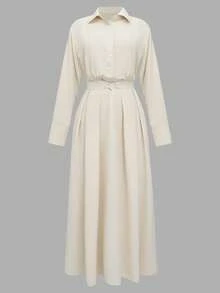 2026春秋新款女装设计：纯色、时尚弹力腰身、长袖连衣裙，饰有装饰纽扣；女士夏季长裙；夏季服装；女士夏季套装；春假套装；女士优雅连衣裙；女士休闲连衣裙；夏季度假套装 - 米色 - 查看 6