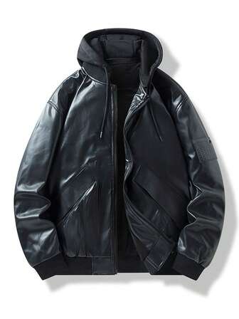 Vintage American Motorcycle PU Leather Jacket Men, Hooded Casual Thermal Lined Warm Leather Coat, Youth High-End Versatile Winter