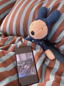 3 件套 100% 纯棉北欧风格蓝色和米色条纹床上用品套装，2 个枕套 + 1 个羽绒被套