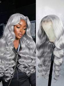 13x4 Grey Lace Front Wigs Human Hair Glueless Wig Pre Plucked With Baby Hair 180 Density Body Wave Lace Front Wigs Human Hair Can Be Permed & Dyed HD Transparent Water Wave Human Hair Wig For Women 34 Inch True To Length - 灰色 - 查看 2