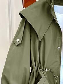 1pc Solid Color Woven Fabric Drawstring Pocket Front Button Trench Coat, Casual Spring/Autumn