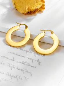 1对时尚简约高端别致几何光滑不锈钢金属金色圆环耳环，适合女性日常佩戴 - 耳環 - 查看 2