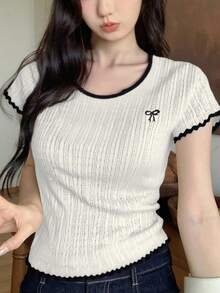 2025春秋舒适百搭蝴蝶刺绣T恤 - 白色 - 查看 1