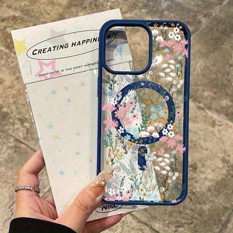 Funda protectora mate con carga inalámbrica para phone 16, 15, 14, 13, 12 Pro/16, 15, 14 Plus/13, 12, 11 Pro/X. Diseño floral con anillo magnético. Fabricada en TPU acrílico con orificio grande. Absorción de impactos y protección anticaídas. - azul real - Ver 1
