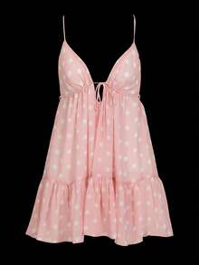 Women's Floral/Dot Print Sleeveless Halter Deep V Tie Mini Dress Ruched Backless Slim Fit Cami Dresses Knot Boho Dress - Hồng - Xem 3