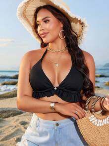 Swim Lushoire Plus Size Basic Triangle Bikini Top, Minimalist Style For Vacation - Black - View 4