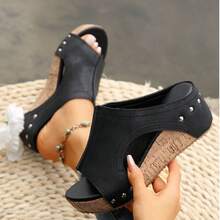 Vintage - Style Thick - Soled Wedge Women's Slide Sandals, Featuring Rivet Decorations, Simple And Versatile, Perfect For Vacations, Leisure Time, Daily Shopping Trips And Outings. - 黑色 - 查看 4