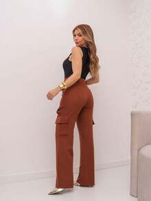 YING ZI Wide Leg Buckle Pocket Color Tailored Pants - nâu sẫm - Xem 3