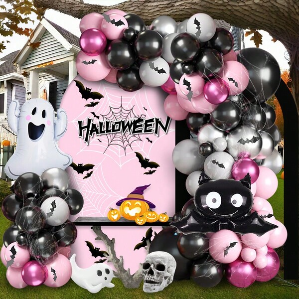 108 piezas Kit de Arco de Globos de Halloween - Globos negros, rosas, plateados, burdeos con globos de aluminio de murciélagos y fantasmas, pegatinas de murciélagos 3D, adecuado para decoración de fiesta de cumpleaños con tema de Halloween, decoración de fiesta de Nochebuena y Halloween