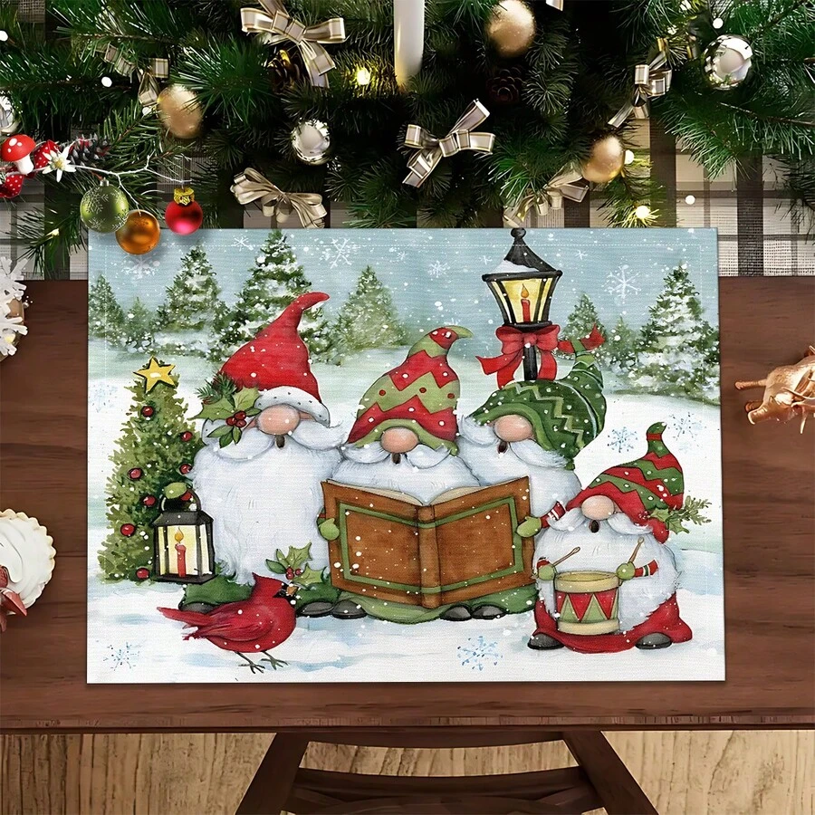 1pc/4pcs/6pcs Christmas Gnome Pattern Linen Placemats, Christmas Decor, Christmas Gift, Suitable For Dining Table, All Season Decoration, Washable Tablemats, Room Decor, Placemats, Coasters, Kitchen Dining Table Mats, Indoor Outdoor Party Decoration, Home Decor, Ideal Gift - Multicolor - View 1