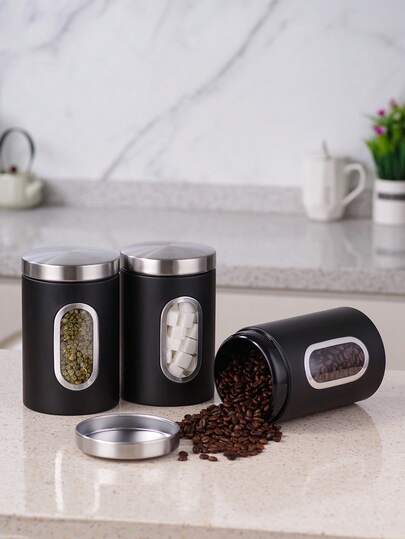Black/Grey Coffee Storage Jar, Tea Jar, Candy Jar, Mask Jar, Set Of 3 Pieces With Sealing Ring, Moisture-Proof Sealing Jar, Milk Powder Jar, Coffee Jar