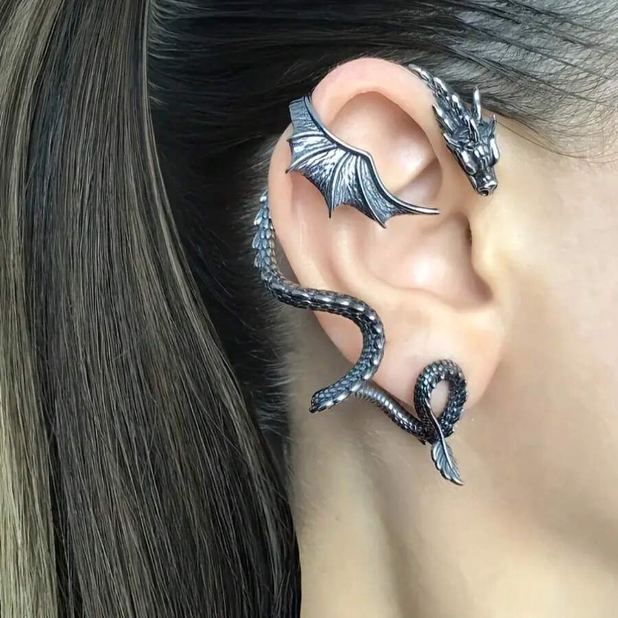 Bohemian Pterodactyl Shape Piercing Earrings, Fashion Vintage Ear Jewelry, Party Gift - 左耳銀色 - 查看 1