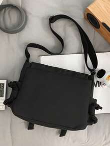 College Style Messenger Bag With Pendant, Waterproof, Large Capacity, Multi-Pocket, Flap Cover, Zipper Closure, Lightweight, Foldable, Suitable For Middle/High School, University Students, & Versatile For Men & Women Shopping Bag Canvas Tote Bag - Black - View 11