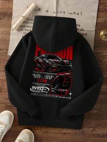 1pc Tween Boys' Casual Printed Pullover Hoodie Sweatshirt, Thermal Lined, Long Sleeve, Autumn/Winter, Student/Youth Clothing - Black - View 3