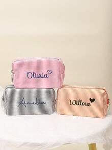 Embroidered Seersucker Cosmetic Bag, (Large + Small) Personalized Seersucker Cosmetic Bag, Custom Embroidered Toiletry Bag, Cosmetic Bag, Bridesmaid Gift, Bridal Party Gift, Cosmetic Storage Bag - Multicolor - View 8