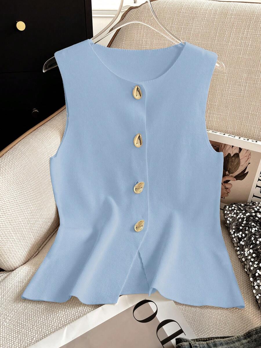 Damen Lässig Einfarbige Strickjacke mit geraden Schultern, ärmelloser Kragen, Metallknöpfen, kurzer V-Ausschnitt, offener Vorderseite, Strickweste für Frühling, Sommer, Herbst