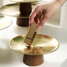 1个金属底座托盘，木纹，金/银色，简约现代风格，家用托盘，蛋糕架，甜点架，糖果碟，适用于万圣节、圣诞节、婚礼、派对、下午茶等场合 - 彩色 - 查看 3