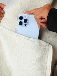 女式连帽长袖时尚拉链羊毛休闲上衣，适合日常穿着。冬季 - 黑色 - 查看 4