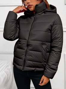 Chamarra Capitonada Mujer Forro Peluche Fino Con Capucha - Negro - Ver 3