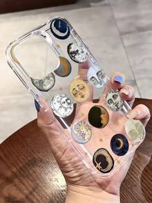 1pc Face & Moon Graphic Aesthetic Pattern Transparent TPU Shock-Absorbing Anti-Fall Anti-Fingerprint Phone Case, Compatible With Iphone Waterproof Scratch Resistant - Multicolor - View 4