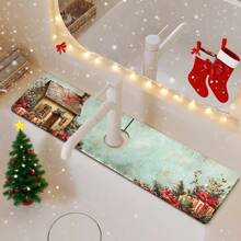 1pc/90pcs Winter, Houses In The Snow, Holly Leaves And Candy Canes Printed Faucet, Water-Absorbing Drying Mat, Retro Coffee Water-Absorbing Quick-Drying Mat, Rubber-Based Toilet And Kitchen Countertop Faucet Water-Absorbing Drying Mat, Suitable For Faucets Used In Offices, Commercial Farms And Homes, Decorative Store Kitchen Decorations