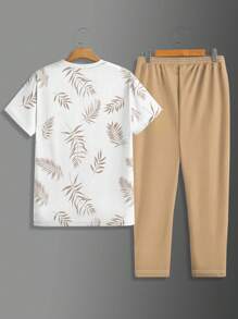 2pcs Men Gradient Color Print Round Neck Sportswear Set, Leaves Print Tee And Pants Suit, Suitable For Outdoor And Sports,Fall Clothes
