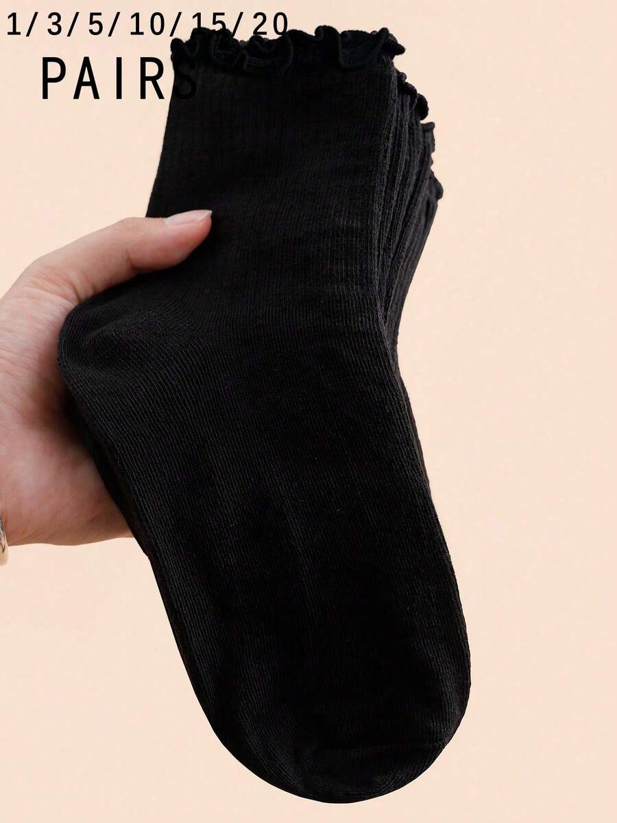 1/3/5/10/15/20/25/30/35/40雙 女款黑色荷葉邊舒適極簡JK風吸濕透氣中筒襪