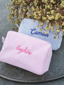 Embroidered Seersucker Cosmetic Bag, (Large + Small) Personalized Seersucker Cosmetic Bag, Custom Embroidered Toiletry Bag, Cosmetic Bag, Bridesmaid Gift, Bridal Party Gift, Cosmetic Storage Bag - Multicolor - View 5