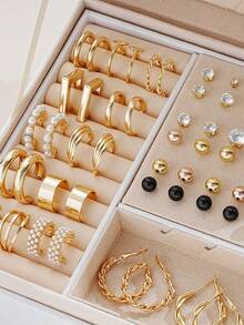 108pcs Simple Faux Pearl & Rhinestone Metal Geometric Stud Earrings & Hoop Earrings Set, Gift For Women, Suitable For Vacation, Date, Daily Casual, Wedding Matching - Vàng - Xem 3