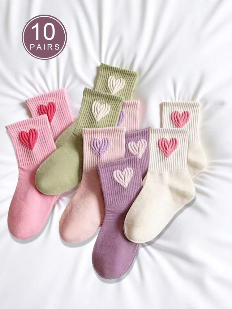 5 Pairs/10 Pairs Spring & Summer Heart Pattern Mid-Calf Socks, Thin Breathable Sports Socks, Soft Pastel Colors, Comfortable Casual Wear - Multicolor - View 11