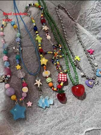 Bohemian Style Korean Colorful Candy Star Tassel Pendant Necklace, Sweet Heart-Shaped Chain, Y2K Aesthetic Jewelry