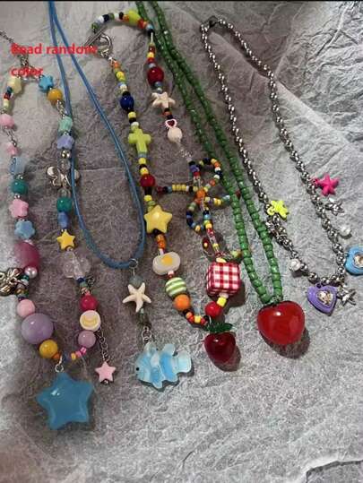 Boho Kpop Colorful Sugar Star Tassel Pendant Choker Necklace For Women Sweet Heart Chain Aesthetic Y2K Jewelry Accessories
