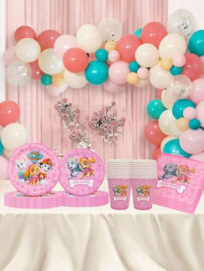 Paw Patrol Pink Themed Tableware, Tissues, Tablecloths, 7-Inch And 9-Inch Paper Plates, Pink Tableware Set, Disposable Tableware With Cartoon And Anime Character Tian Tian Zhu Zhu Fur Printed, 50pcs Tableware Set, Suitable For 10 Guests, Essential Tableware For Birthday Parties, Holiday Parties, Family And Friends Gatherings, Back-To-School Season, Christmas, Halloween, Thanksgiving, New Year, Outdoor Camping BBQ, And Group Meals