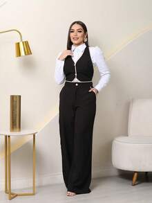 Conjunto Feminino Frente Única com Bojo e Calça de Alfaiataria – Elegância e Conforto no Tecido Sensoria--Novidade - Preto - Visão 4