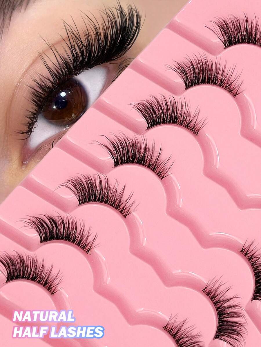 7 Pairs Asiteo Natural Cat Eye Makeup Effect False Eyelashes, Thin Corner Lashes, Transparent Stem, Short Style, Strip Lashes, Eyelashes, False Eyelashes