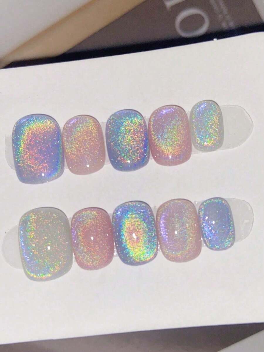 彩虹眼炫彩压模指甲，日常短款温柔可爱可拆卸假指甲，可作为送给女士和女孩的礼物，压模指甲美甲用品 - 彩色 - 查看 1