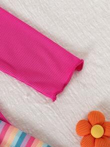 3pcs Young Girls Casual Ribbed Long Sleeve Floral Top + Colorful Ribbed Long Sleeve Set - Nhiều màu - Xem 6