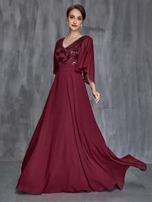 Faeriesty Đầm dành cho mẹ cô dâu thanh lịch, thiết kế cổ chữ V, tay áo xếp ly, chân váy chữ A bồng bềnh - Sự lựa chọn lý tưởng cho các đám cưới trang trọng, tiệc gala, tiệc kỷ niệm, sự kiện từ thiện và các buổi tiệc sang trọng. - Màu Đỏ Sâu - Xem 4
