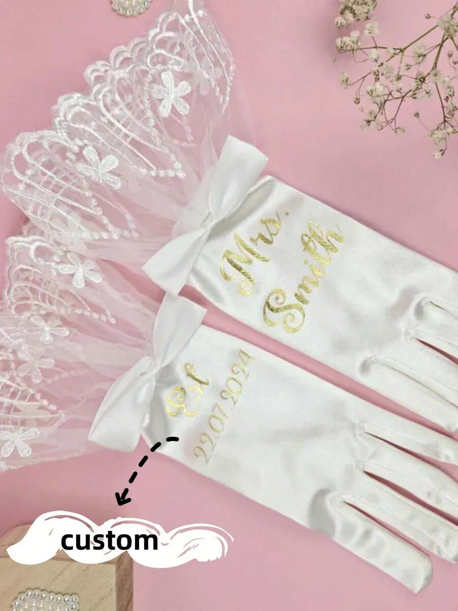 1 pieza Guantes personalizados bordados Guantes de novia personalizados con puños de encaje - Personalizado con nombre "Sra." y fecha de boda Guantes de satén - Regalo elegante para la novia, accesorio de boda - Multicolor - Ver 1