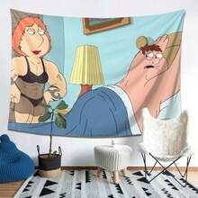 Family Guy Themed Tapestry - Vibrant Peach Skin Velvet Wall Hanging With Animated Characters, Perfect For Bedroom, Living Room, Or Dorm Decor, Indoor Art Gift, Polyester, Horizontal, Bedroom Decoration| Character Depiction| Texture - 白色 - 查看 7