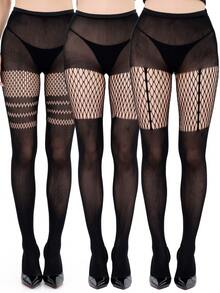 3pcs Gothic Style Skinny Pants, Sexy Black Fishnet Stockings For Women, High Stretch Plus Size Slimming Vertical Striped Net Splice Leggings, Y2K Tight Pants For Party & Daily Wear, Fashion & Versatile