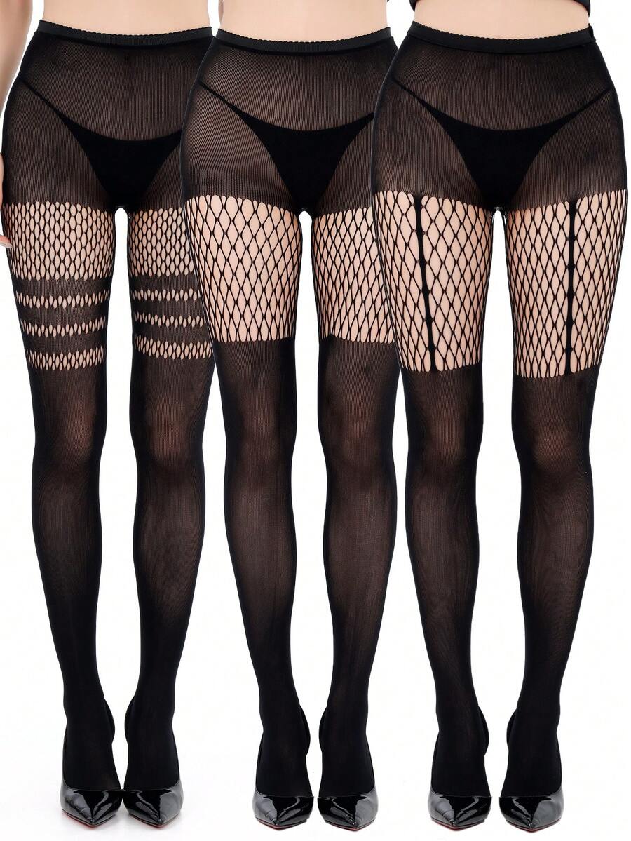 3pcs Gothic Style Skinny Pants, Sexy Black Fishnet Stockings For Women, High Stretch Plus Size Slimming Vertical Striped Net Splice Leggings, Y2K Tight Pants For Party & Daily Wear, Fashion & Versatile