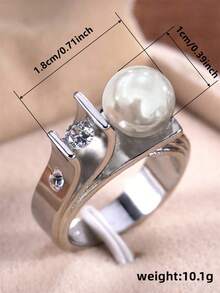 1 件优雅方晶锆石和人造珍珠戒指，适合女士结婚珠宝情人节礼物 - 銀色 - 查看 7