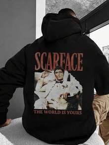 Fashionable Men's "The World Is Yours" Graphic Print Hoodie Sweatshirt, Sophisticated Design, Essential For Everyday, Effortlessly Create Stylish Looks, Vibrant, Must-Have For Autumn, Long Sleeve Top - Black - View 1