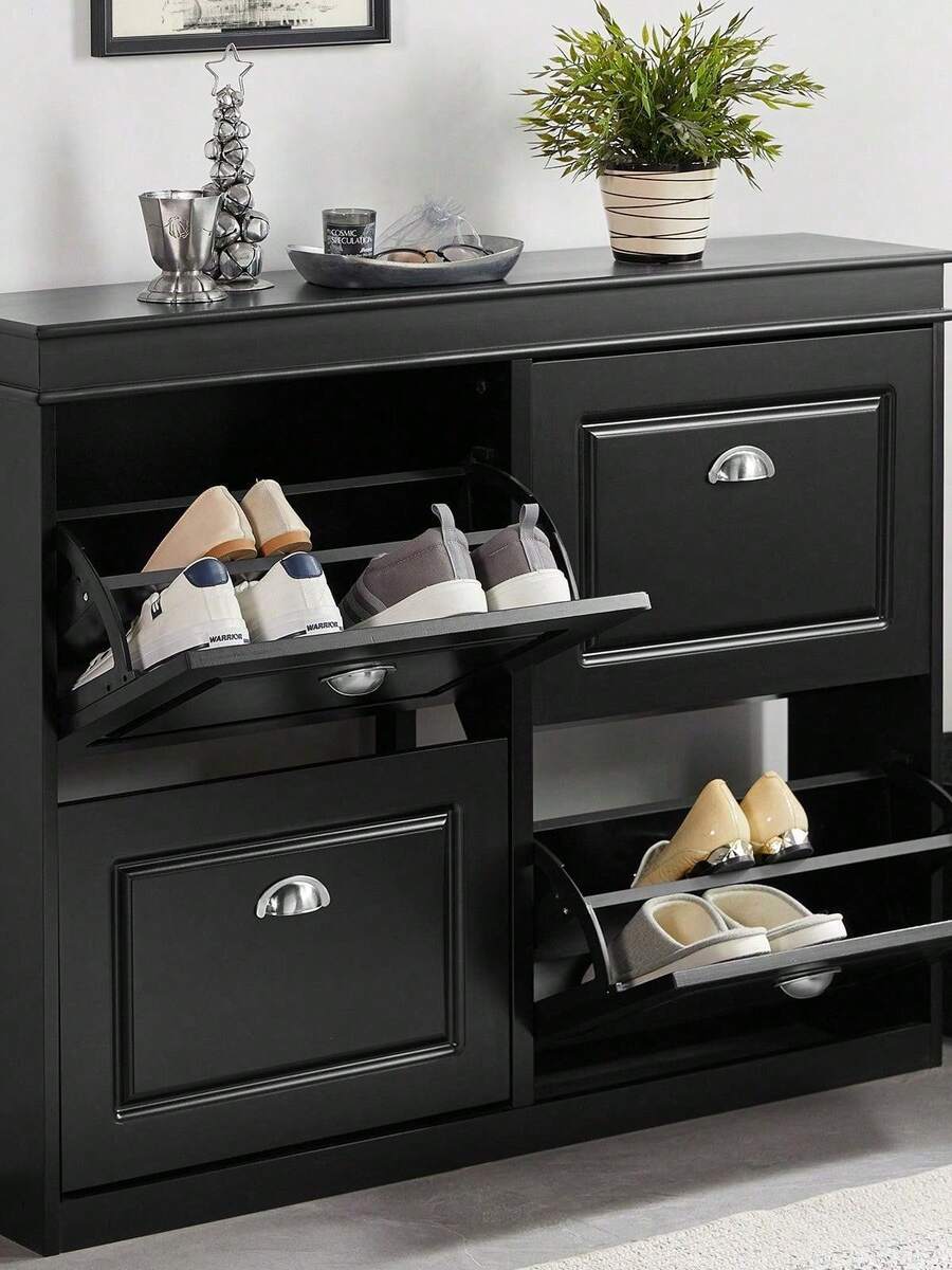 SoBuy Shoe Cabinet With 4 Flaps, Shoe Rack, Shoe Tipper With 8 Storage Compartments, Shoe Chest, Shoe Storage, White, BHT Approx. 105x82x24cm, FSR79-W - 黑色 - 查看 1