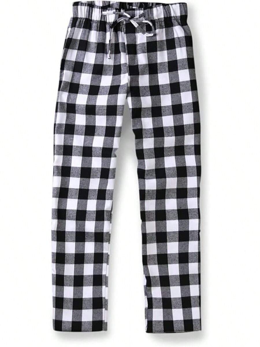 Men's Plaid Fannel Pajama Bottoms Cotton Lounge Pants Soft Pj Sleepwearhalloween - 白色黑色 - 查看 1